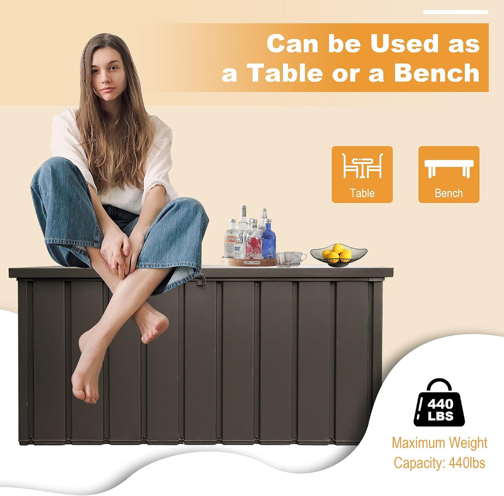 Domi 100 Gallon Deck Box, Outdoor Metal Lockable Storage Cabinet, Waterproof Steel Outdoor Bench with Lockable Lid, Side Handles & Rolling Casters for Outside Cushions, Pillows, Garden Tools, Brown