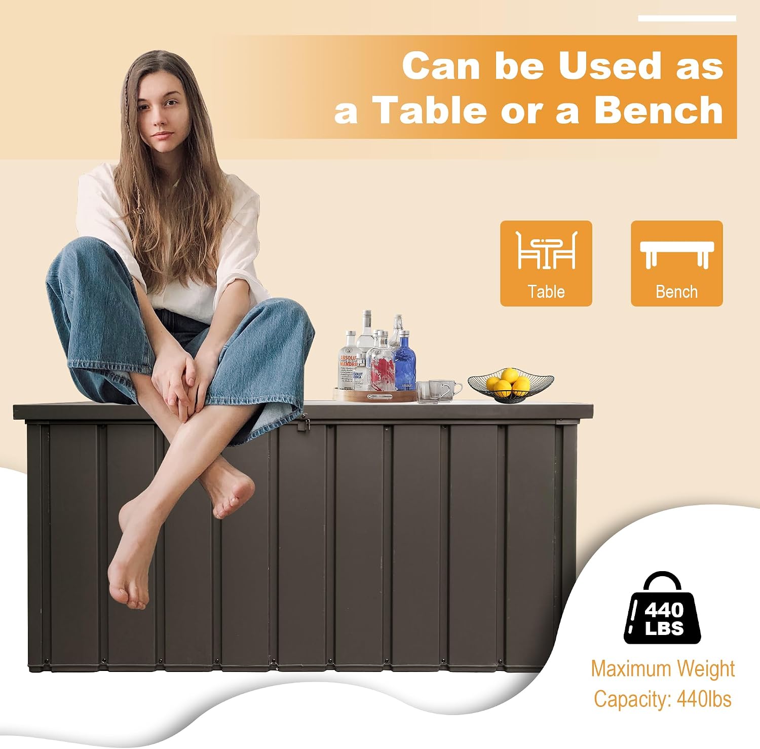 Domi 100 Gallon Deck Box, Outdoor Metal Lockable Storage Cabinet, Waterproof Steel Outdoor Bench with Lockable Lid, Side Handles & Rolling Casters for Outside Cushions, Pillows, Garden Tools, Brown