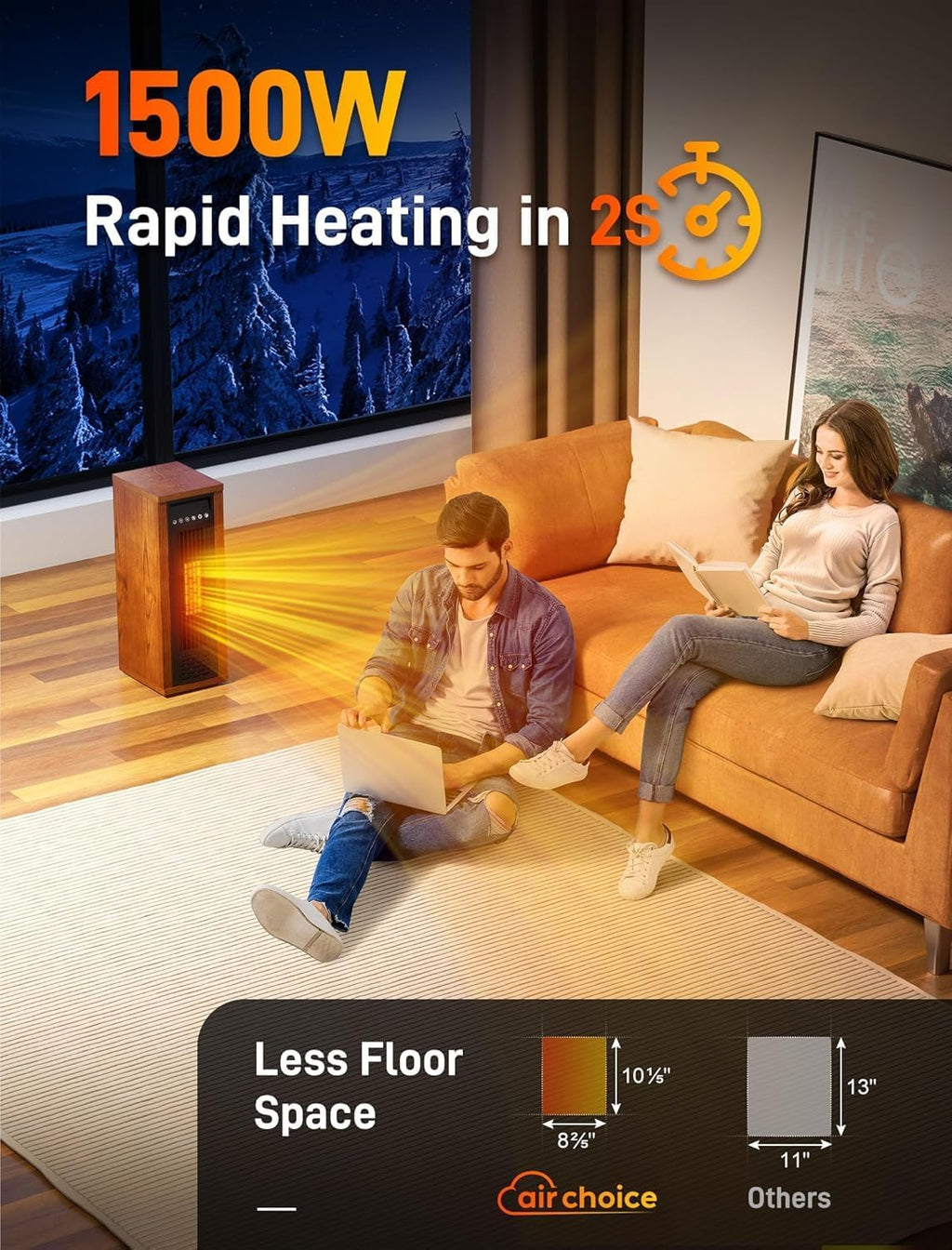 Air Choice Infrared Space Heater, 1500W Electric Portable Heater with Remote Control and Thermostat, Fast & Quiet Heating Tower Room Heater for Indoor Use, Bedroom, Office, Home, Walnut