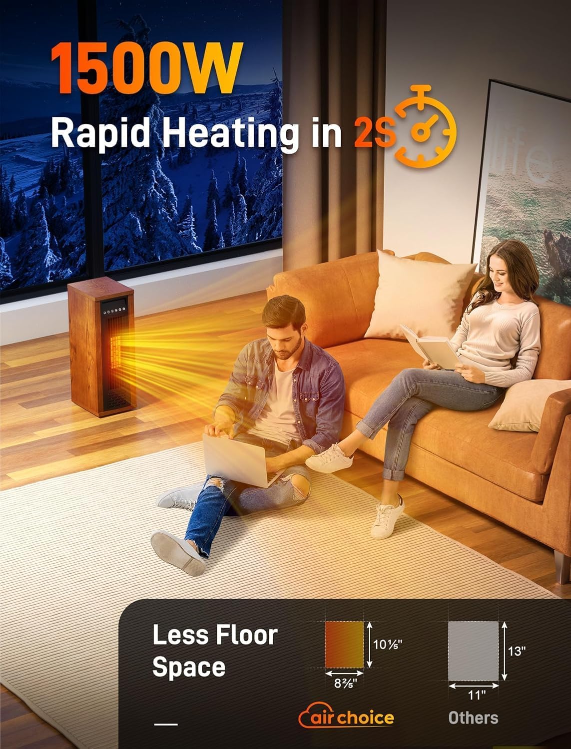 Air Choice Infrared Space Heater, 1500W Electric Portable Heater with Remote Control and Thermostat, Fast & Quiet Heating Tower Room Heater for Indoor Use, Bedroom, Office, Home, Walnut