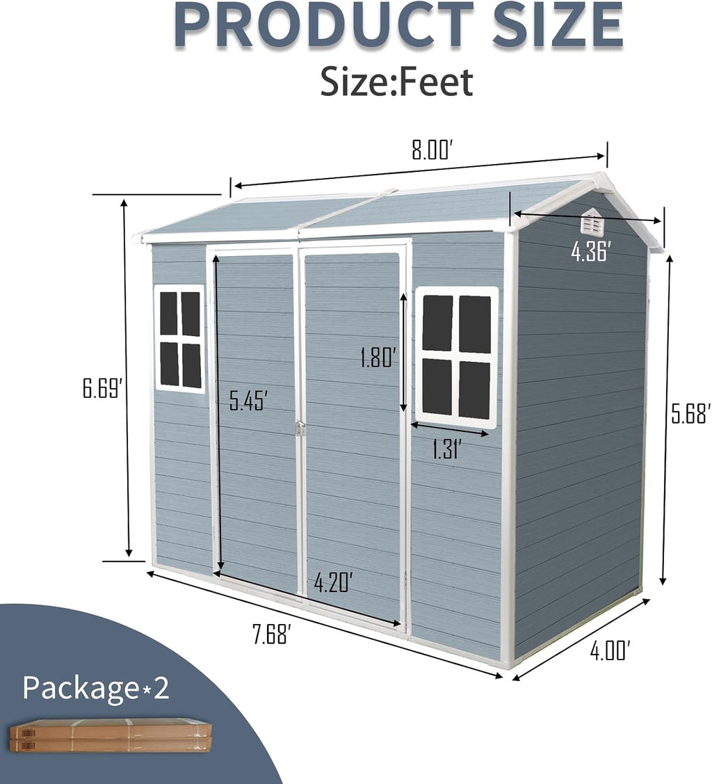 8x4ft Resin Outdoor Storage Shed: Double Doors & Two Windows, Heavy-Duty Plastic Shed with Floor, Waterproof UV-Proof Garden Tool Storage for Backyard, Patio, Yard, Lawn