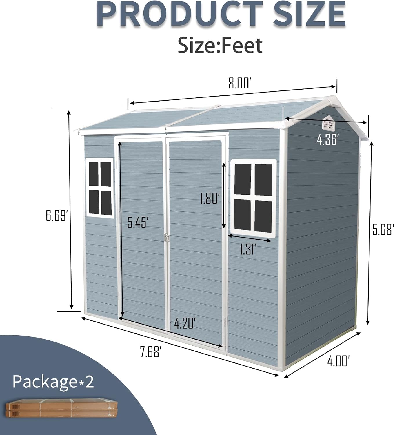 8x4ft Resin Outdoor Storage Shed: Double Doors & Two Windows, Heavy-Duty Plastic Shed with Floor, Waterproof UV-Proof Garden Tool Storage for Backyard, Patio, Yard, Lawn