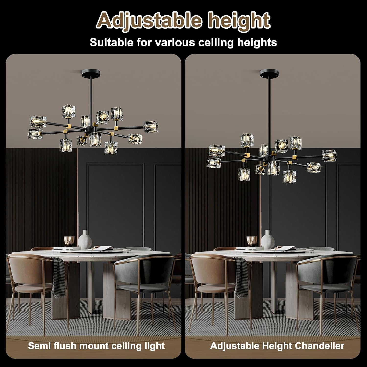 Modern Sputnik Crystal Kitchen Chandelier - Luxury Elegant 12 Light Adjustable Height Pendant Lighting Ceiling Fixture - Black and Gold Brushed Brass Chandeliers for Dining Room Living Room Island