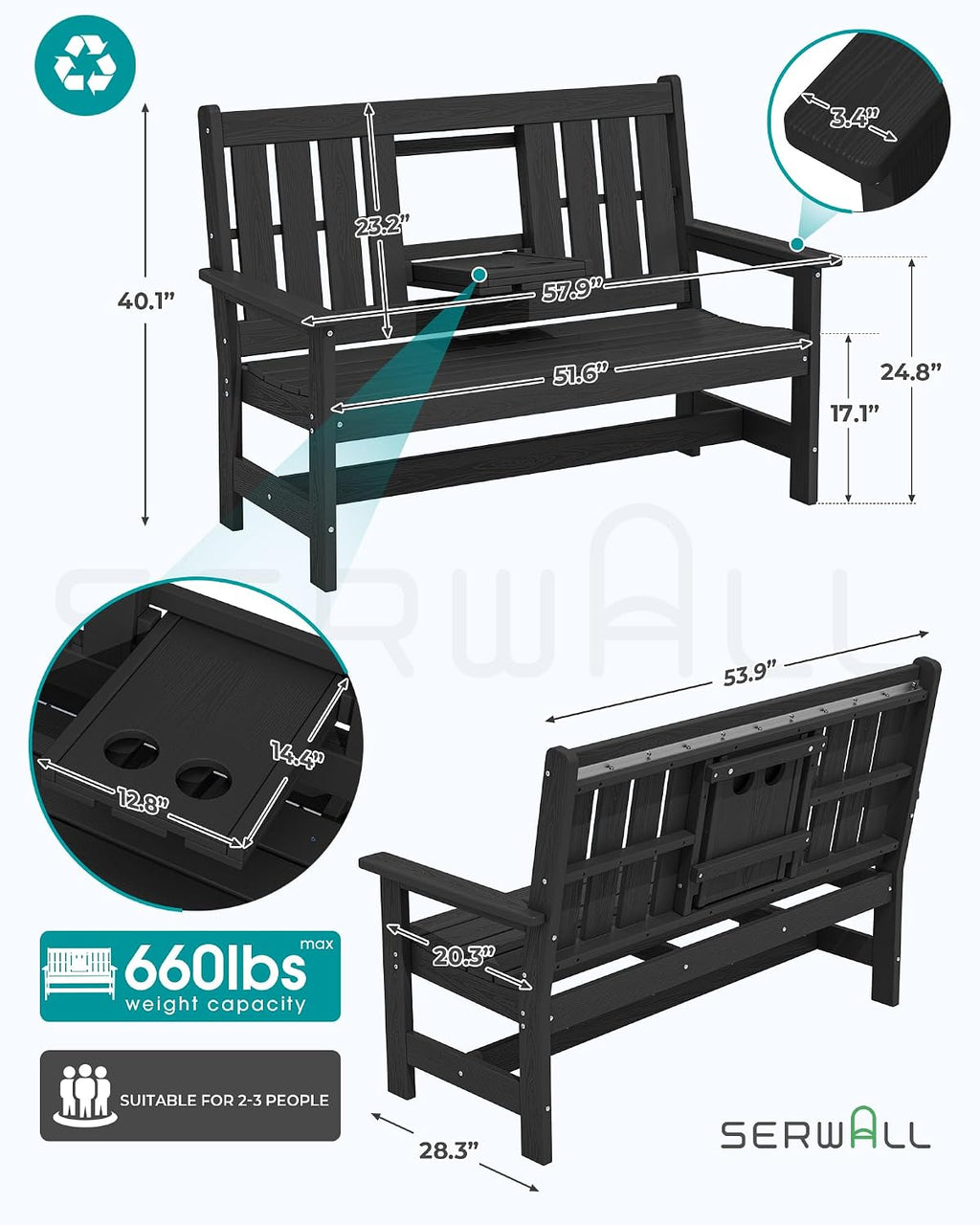 SERWALL Outdoor Bench with Cup Holder, 58' HDPE Garden Park Bench Suitable for 3 Person, All Weather Patio Benches with High Backrest and Wide Armrests for Garden, Park, Yard, Front Porch, Black