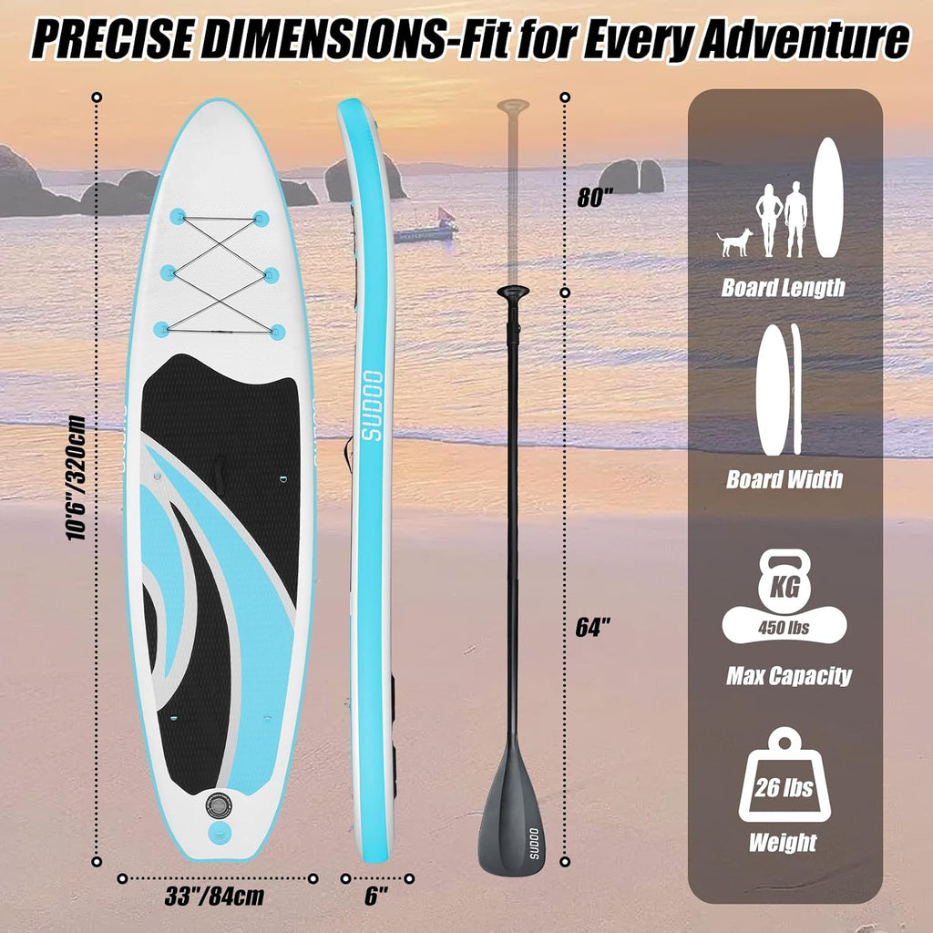 SUDOO Inflatable Stand Up Paddle Board 10'/ 10'6' SUP with 450LB Weight Capacity Adjustable Paddle Wide Stable Non Slip EVA Deck Complete Accessories for Adults Beginners Youth Outdoor Water Sports