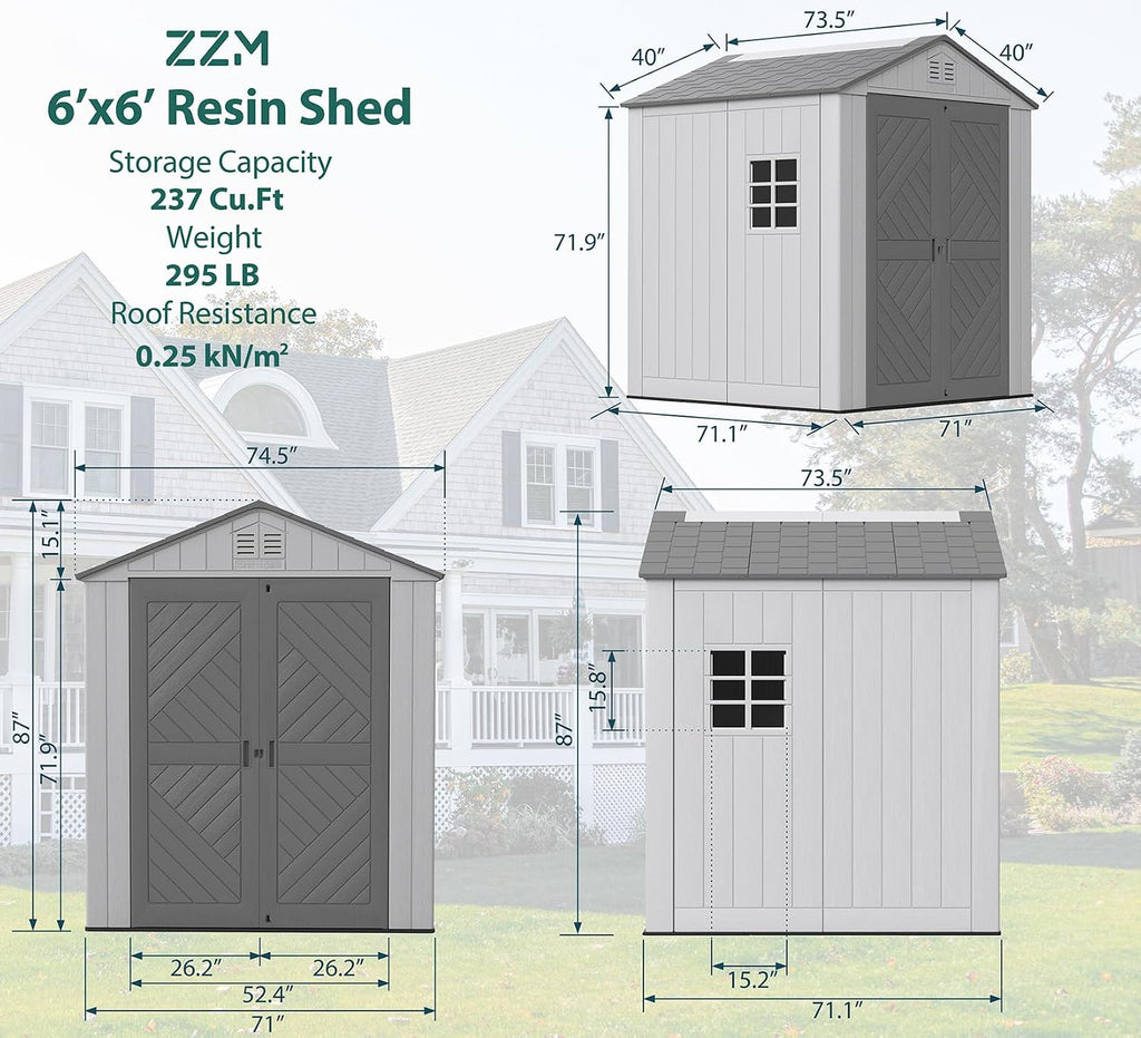 ZZM Outdoor Storage Shed 6x6 Ft, All-Weather Resistant Resin Garden Sheds & Outdoor Storage Clearance with Floor and Windows, Double-Layer Plastic Tool Shed for Backyard, Patio & Lawn (Gray)