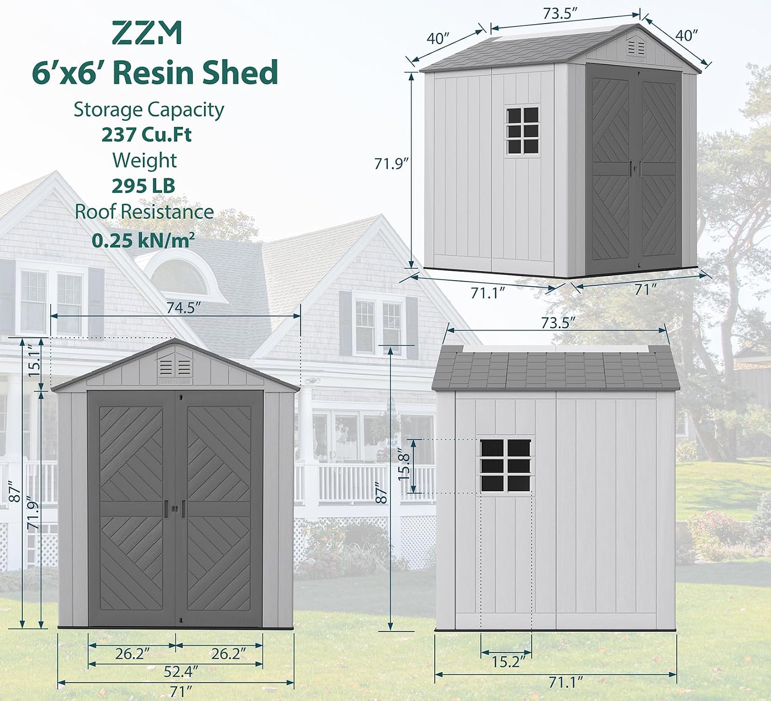 ZZM Outdoor Storage Shed 6x6 Ft, All-Weather Resistant Resin Garden Sheds & Outdoor Storage Clearance with Floor and Windows, Double-Layer Plastic Tool Shed for Backyard, Patio & Lawn (Gray)