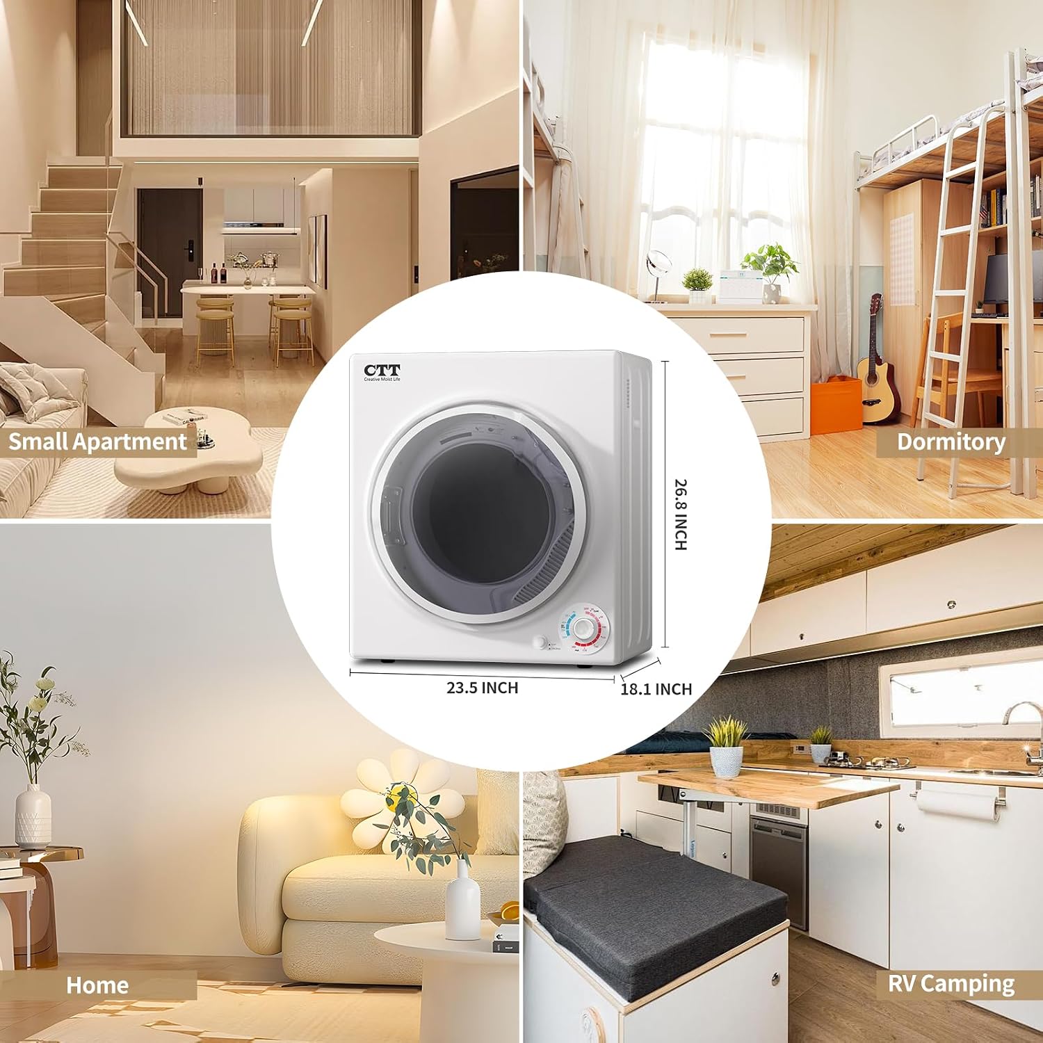 CTT Portable Clothes Dryer 3.5 cu.ft, 110V Laundry Dryer with Stainless Steel Tub, 4 Drying Mode, Portable Dryers for Laundry, Apartments, RVs, Dorms, 1500W