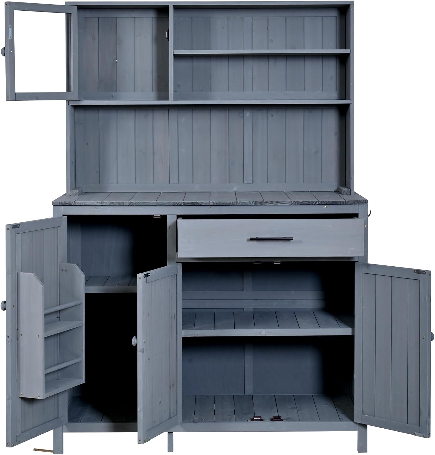 65' H Potting Bench with Hutch, Solid Fir Wood Patio Kitchen Island with Adjustable Shelves, 2-Tier Inner Spice Rack in Door, Side Hook and Drawer, Large Countertop, Magnetic Stoppers (Gray-115)