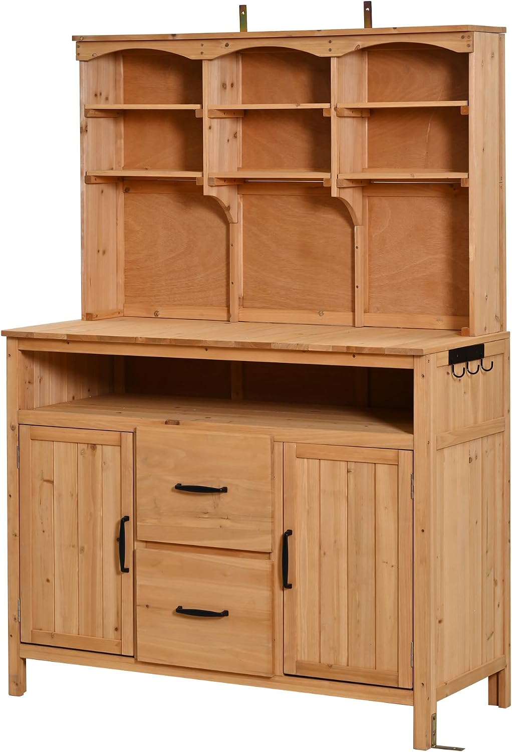 45.3''L Large Fir Wood Potting Bench, Counter Height Outdoor Patio Kitchen Island with Large Countertop, Hutch, Cabinets, Drawers & Hooks, Adjustable Shelf, Wavy Decoration Roof (Natural Wood/103)