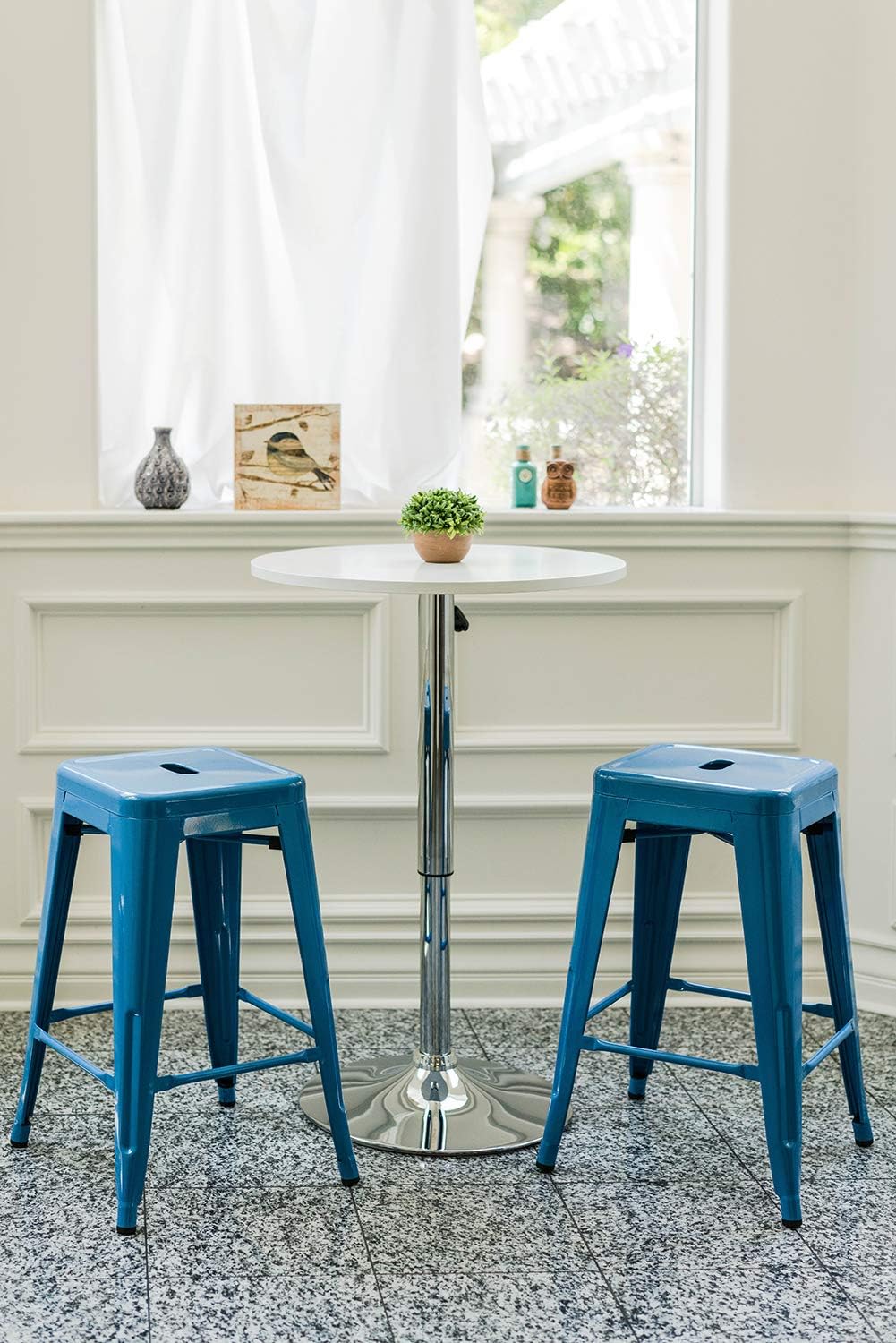 Vogue Furniture Direct 24 Inch Metal Bar Stools, Backless Counter Height Barstools, Indoor Outdoor Stackable Stools with Square Seat, Set of 4 (Blue)