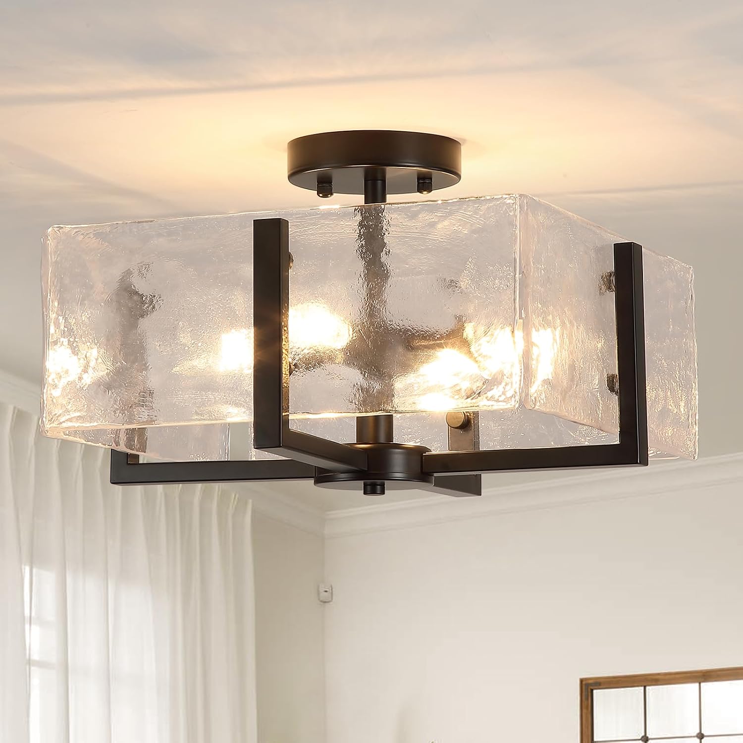 Black Semi Flush Mount Ceiling Light 4-Light Glass Light Fixtures Ceiling Mount,14.96' Modern Farmhouse Light Fixture for Foyer, Hallway, Entryway, Dining Room, Kitchen, Bedroom, Porch