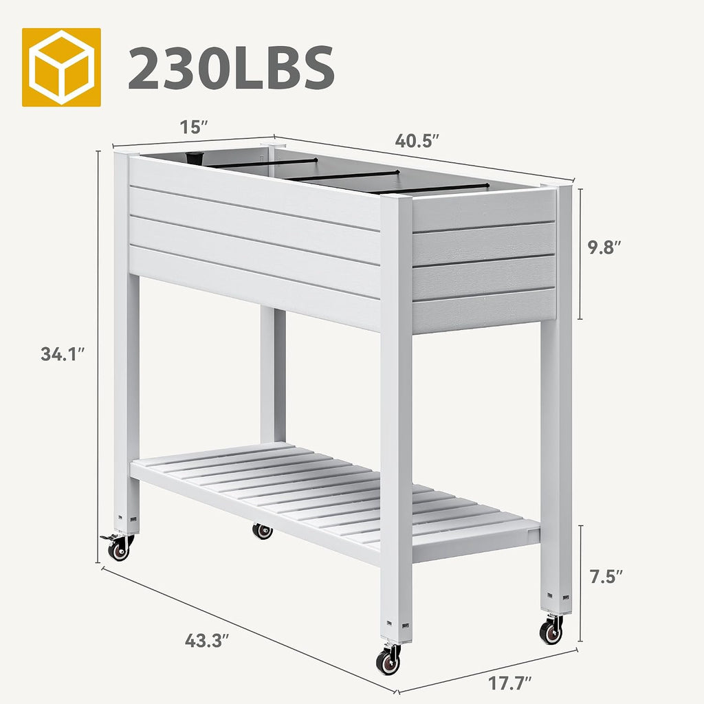 DWVO Raised Garden Bed Kit, 3.6 x 1.5 x 2.8 FT Outdoor Plastic Planter Box with Wheels and Legs, Garden Box with Drain Plug & Storage Shelf for Planting Vegetables, Flowers, and Herbs, Grayish-White