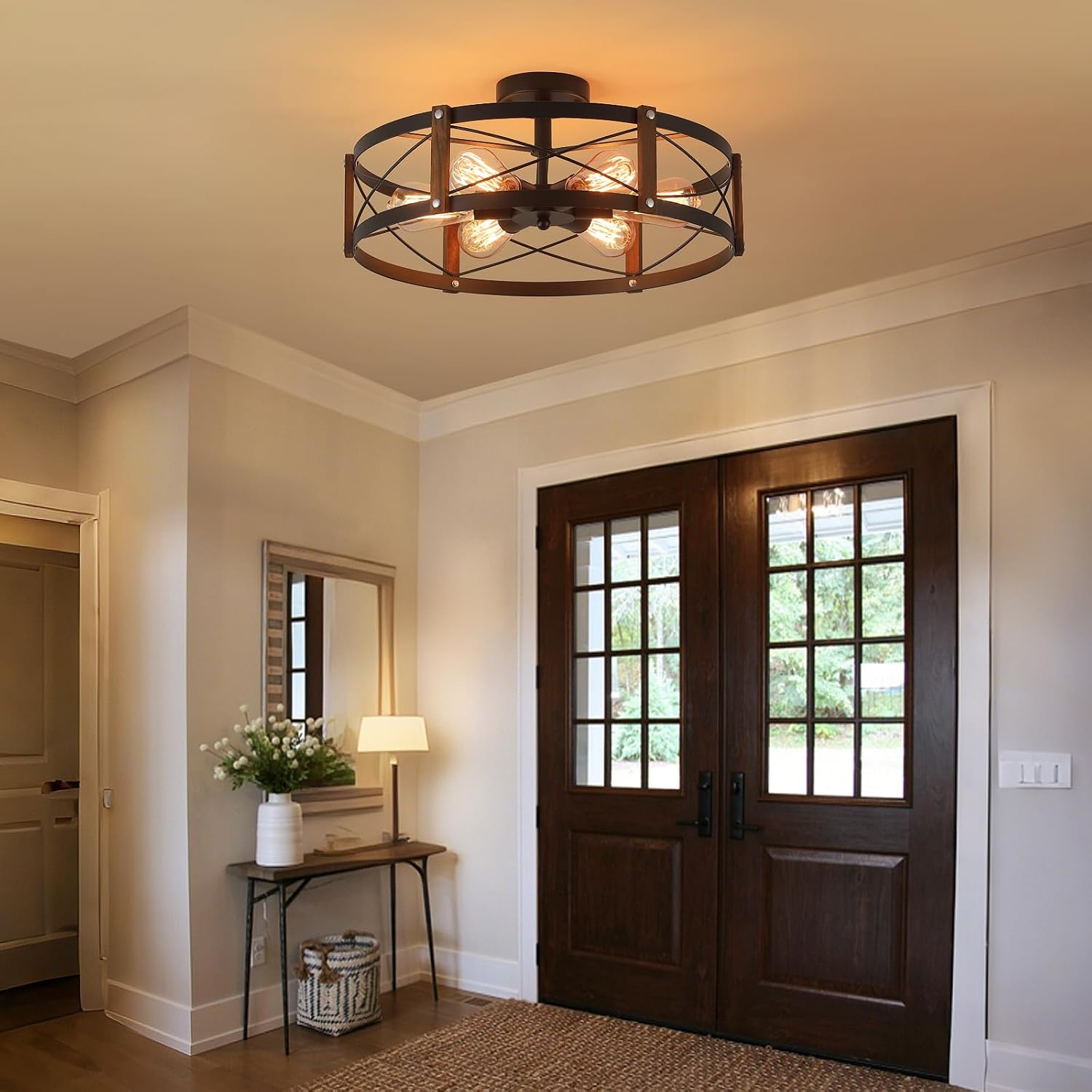 6-Light Large Rustic Farmhouse Wood Flush Mount Ceiling Light Fixture 20 inch Oak Wood and Metal Round Semi Flush Mount Ceiling Light for Hallway Entry Dining Farmhouse Bedroom Living Room, Black