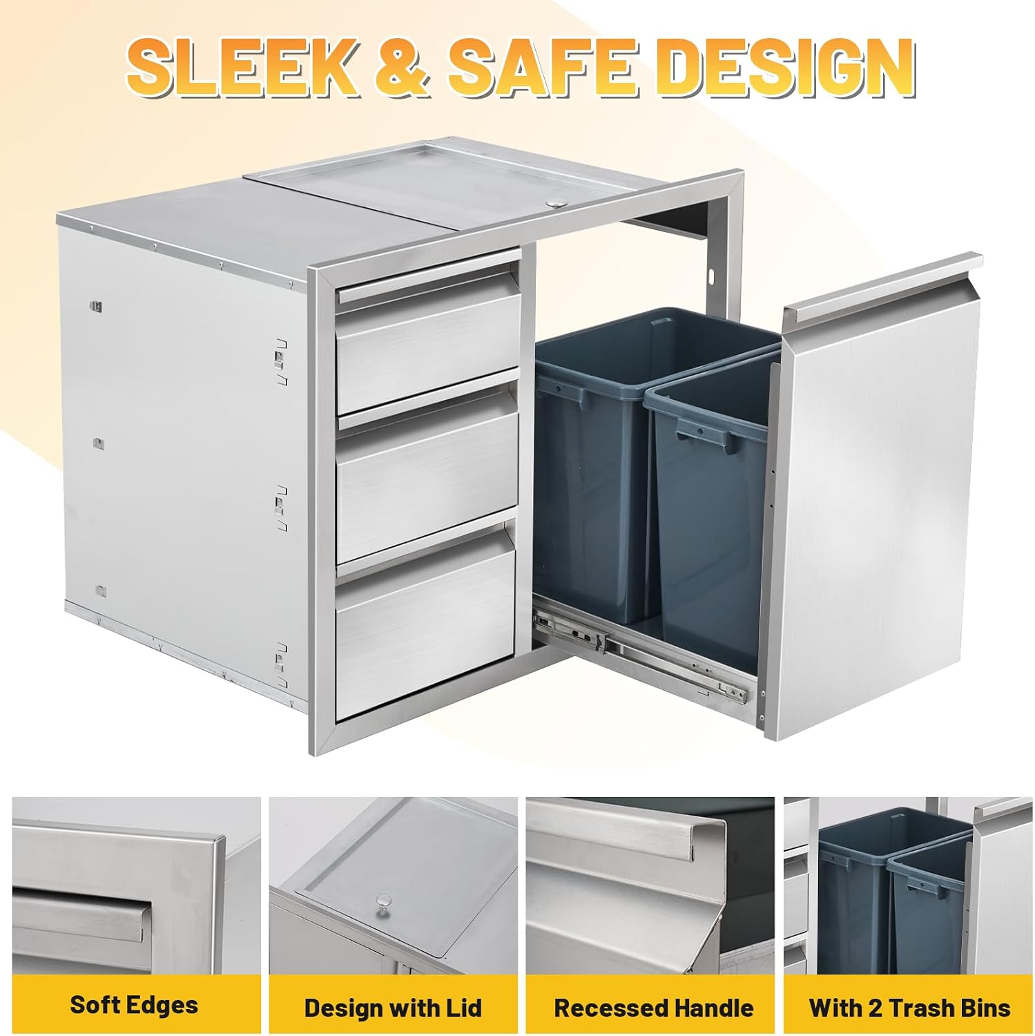Outdoor Kitchen Drawer Combo Cabinet Stainless Steel Triple Drawers & Trash Drawer with 2 Trash Cans, 28' W x 22' H x 19.5' D Outdoor Kitchen Cabinets for BBQ Grill Station