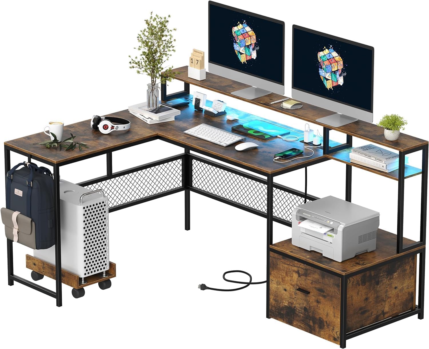 L Shaped Desk with Drawers, 66' Home Office Desk with Power Outlet and Led Strip, Computer Desk with Storage Shelves & Monitor Stand, Large Corner Desk Gaming Desk, Rustic Brown
