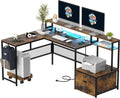 L Shaped Desk with Drawers, 66' Home Office Desk with Power Outlet and Led Strip, Reversible Computer Desk with Storage Shelves & Monitor Stand, Large Corner Desk Gaming Desk, Rustic Brown