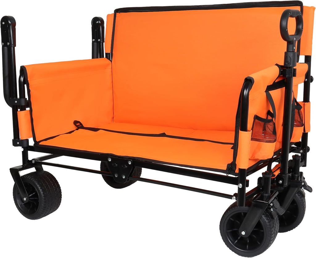 ZeHuoGe 3-in-1 Folding Wagon Cart with Bench Seat & Canopy & Storage, 500lbs Heavy-Duty, 180L Capacity, All-Terrain Wagon for Camping, Beach, Sports, & Garden (Orange)