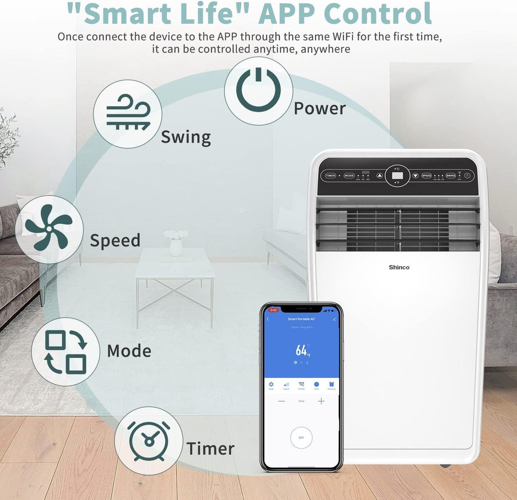 Shinco 12,000 BTU Portable Air Conditioner with WiFi, Portable AC Unit with Built-in Cool, 3-in-1 Cooling Fan & Dehumidifier for Rooms up to 450 Sq.Ft, Remote, 24H Timer, Installation Kits
