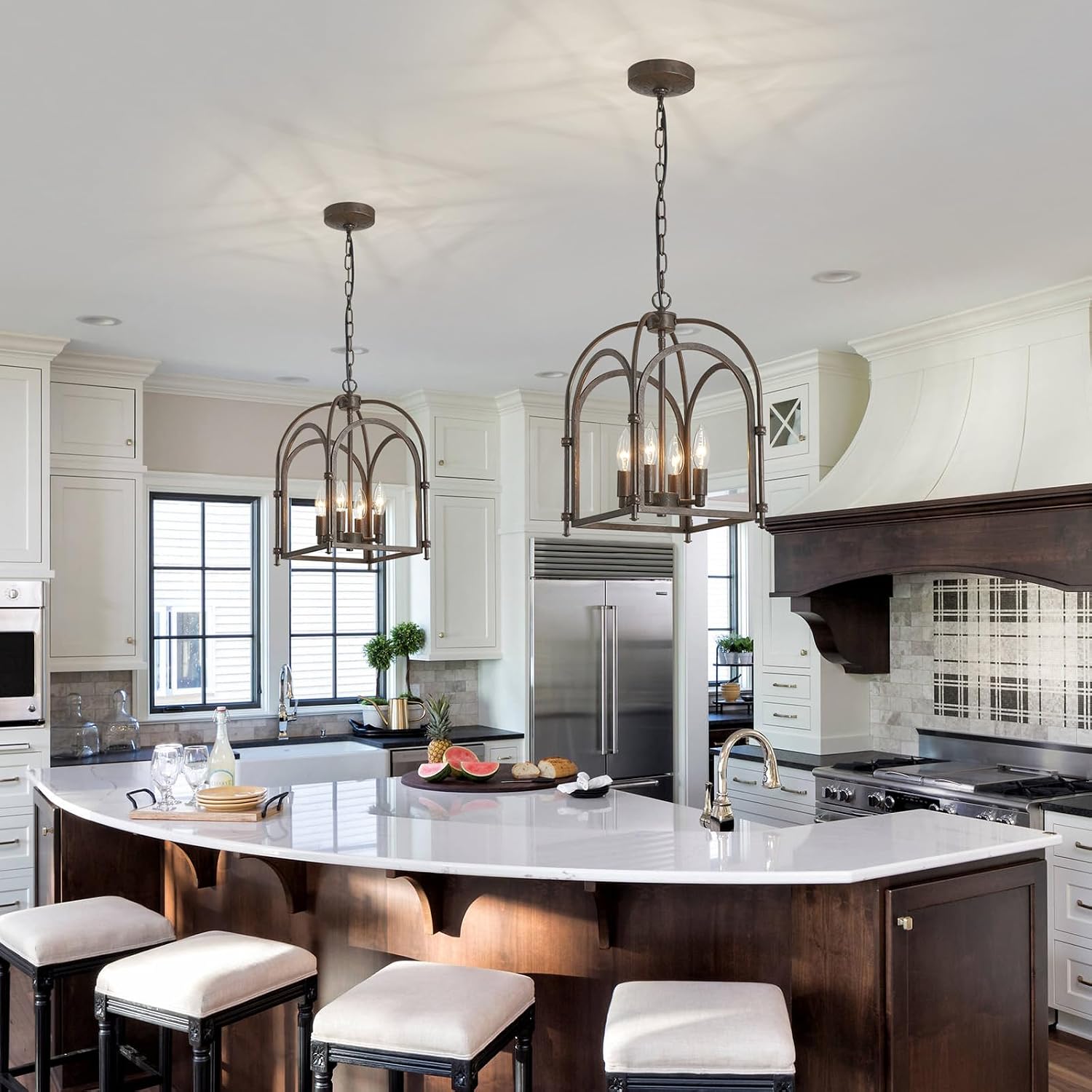 4-Light Chandeliers, Farmhouse Chandelier for Dining Room Light Fixtures, Lantern Metal Kitchen Pendant Light Fixtures, Rustic Cage Chandelier for Bedroom Living Room Kitchen Island Hallway