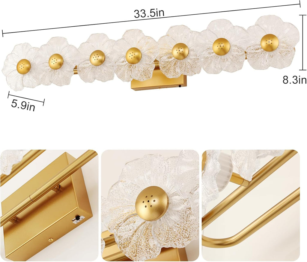 MantoLite 33.46'' Bathroom Light Fixtures Modern Vanity Light Over Mirror Adjustable 3000K-6000K Picture Lights Art Light with Floral Clear Glass Shades for Living Room Bedroom (7 Light Gold)