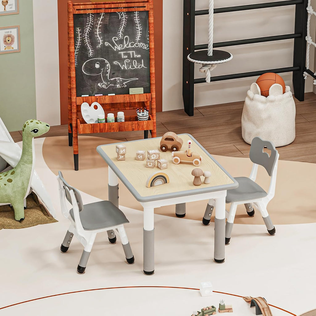 HLPB Kids Table and 2 Chairs Set, Adjustable Height, Graffiti Desktop, Non-Slip Legs, 31.5''L x 23.6''W Toddler Multi-Activity Table for Ages 2-8, Max 300lbs, for Daycare, Classroom, Home