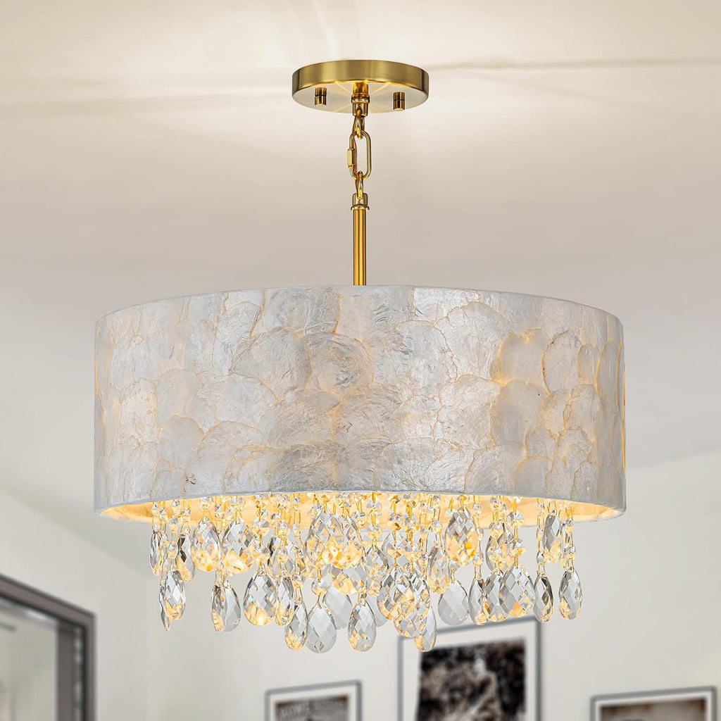 LumFurn D18in Drum Capiz Shell Crystal Chandeliers, 4-Light Coastal Style Light Fixture for Dining Room, Living Room, D18x21~68'(Adjustable), K9 Crystal, Shell Lampshade & Gold Finish