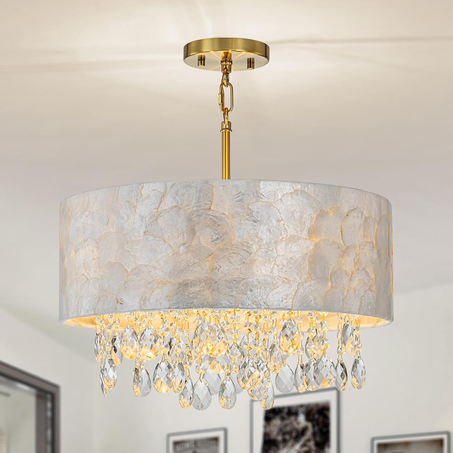 LumFurn D18in Drum Capiz Shell Crystal Chandeliers, 4-Light Coastal Style Light Fixture for Dining Room, Living Room, D18x21~68'(Adjustable), K9 Crystal, Shell Lampshade & Gold Finish