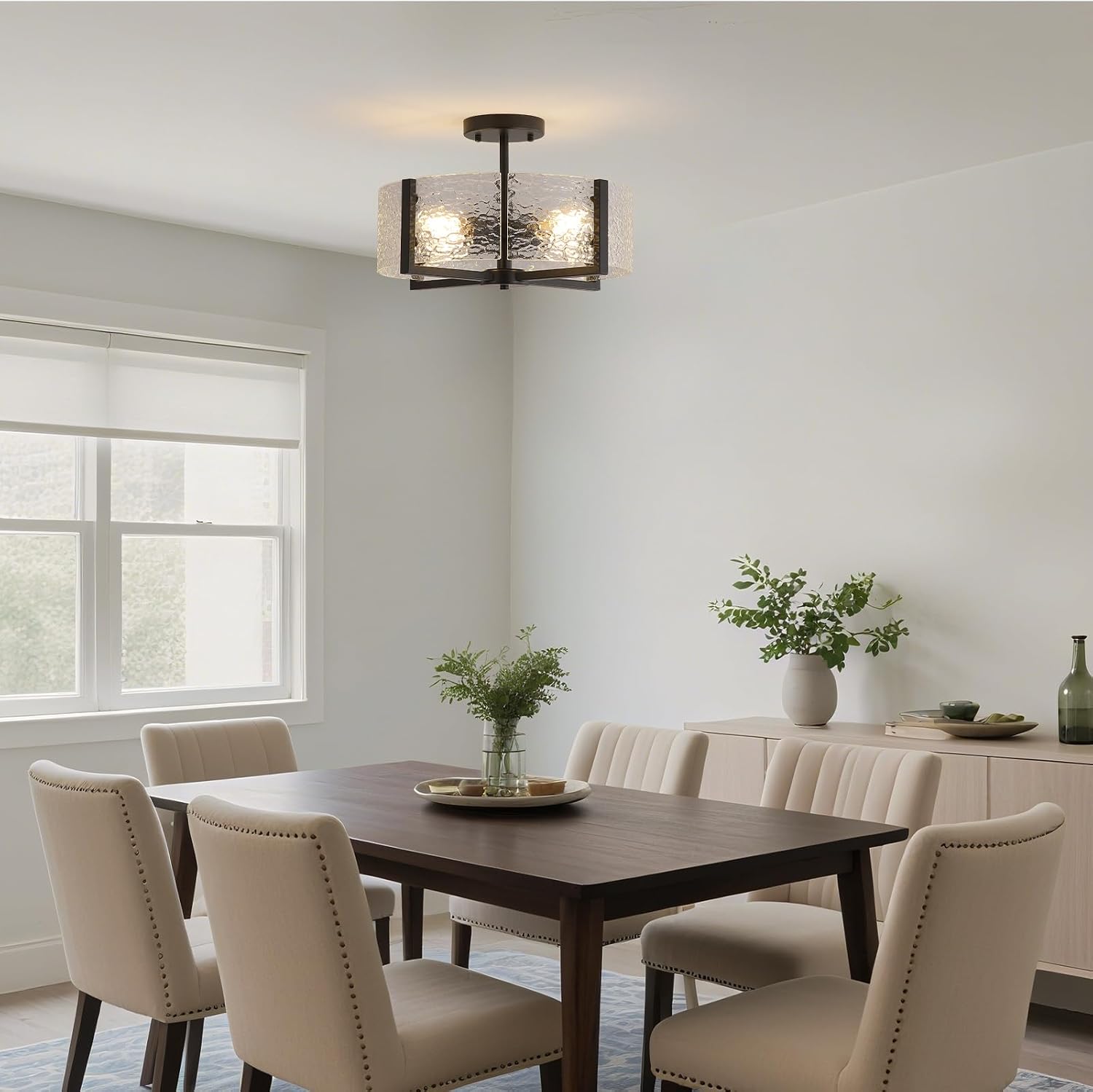 18' Black Large Semi Flush Mount Ceiling Light, 4-Light Farmhouse Ceiling Light, Foyer Light Fixtures Modern Glass Ceiling Mount for Entryway Bathroom Hallway Bedroom Kitchen