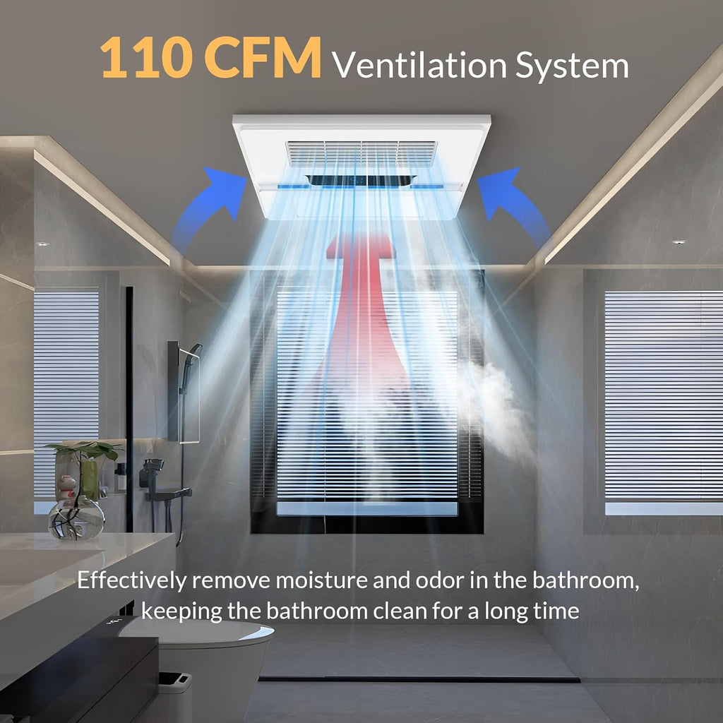 1800W Bathroom Exhaust Fan with Light and Heater, 110 CFM 4-in-1 Ceiling Vent Fan, 1.0 Sone Quiet Operation, 11.2' x 11.2' Ceiling Cutout, 13.8' Grille, 6500K LED Light, Metal Housing