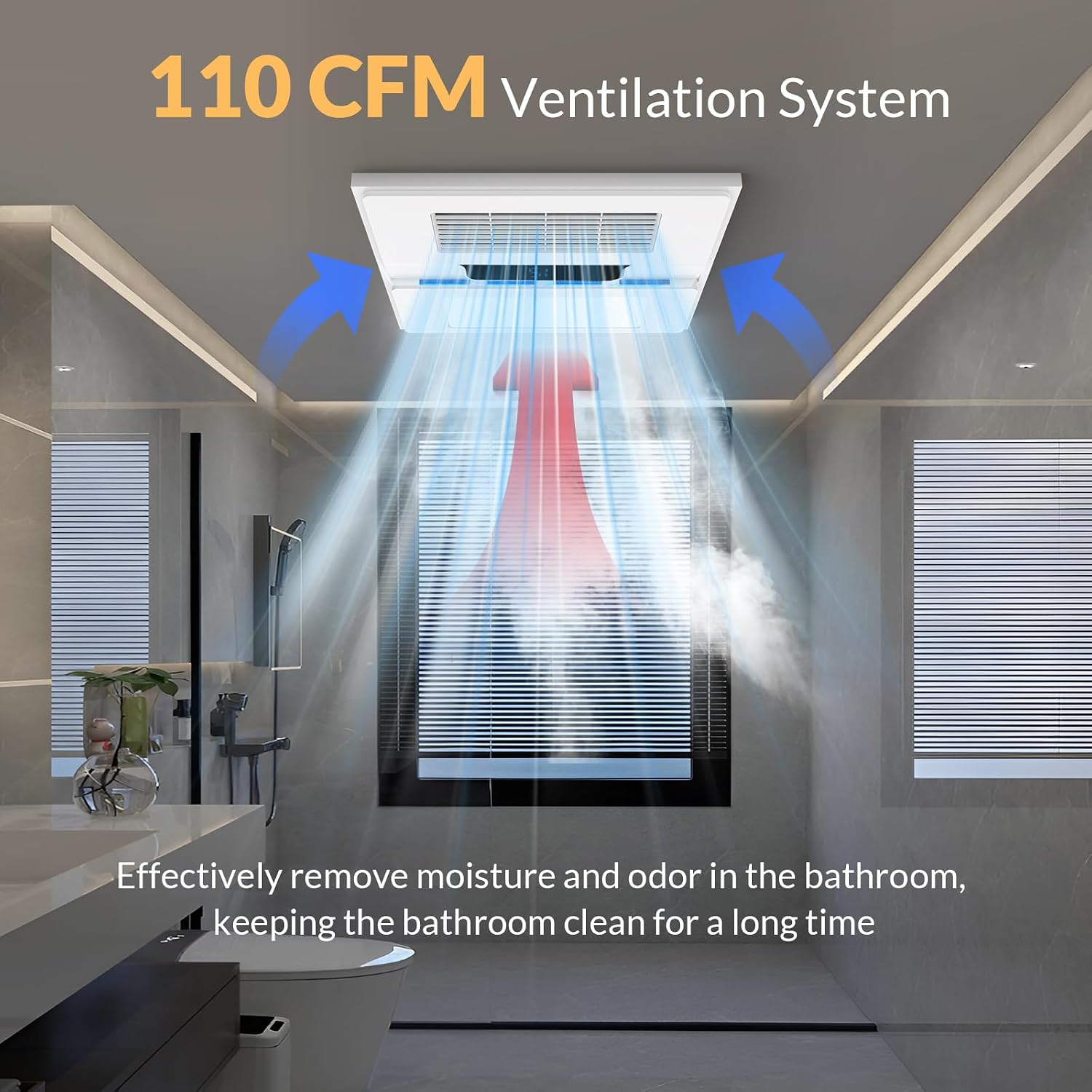 1800W Bathroom Exhaust Fan with Light and Heater, 110 CFM 4-in-1 Ceiling Vent Fan, 1.0 Sone Quiet Operation, 11.2' x 11.2' Ceiling Cutout, 13.8' Grille, 6500K LED Light, Metal Housing