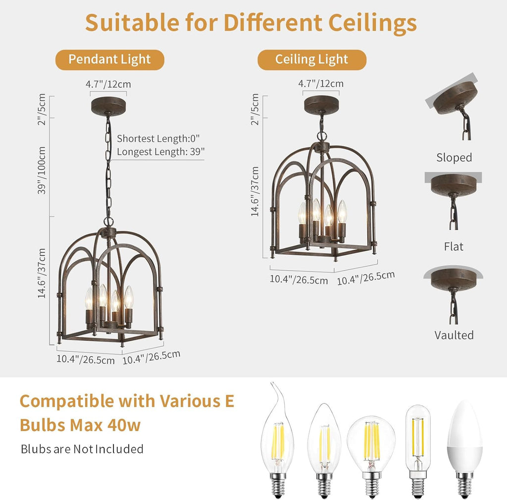 4-Light Chandeliers, Farmhouse Chandelier for Dining Room Light Fixtures, Lantern Metal Kitchen Pendant Light Fixtures, Rustic Cage Chandelier for Bedroom Living Room Kitchen Island Hallway