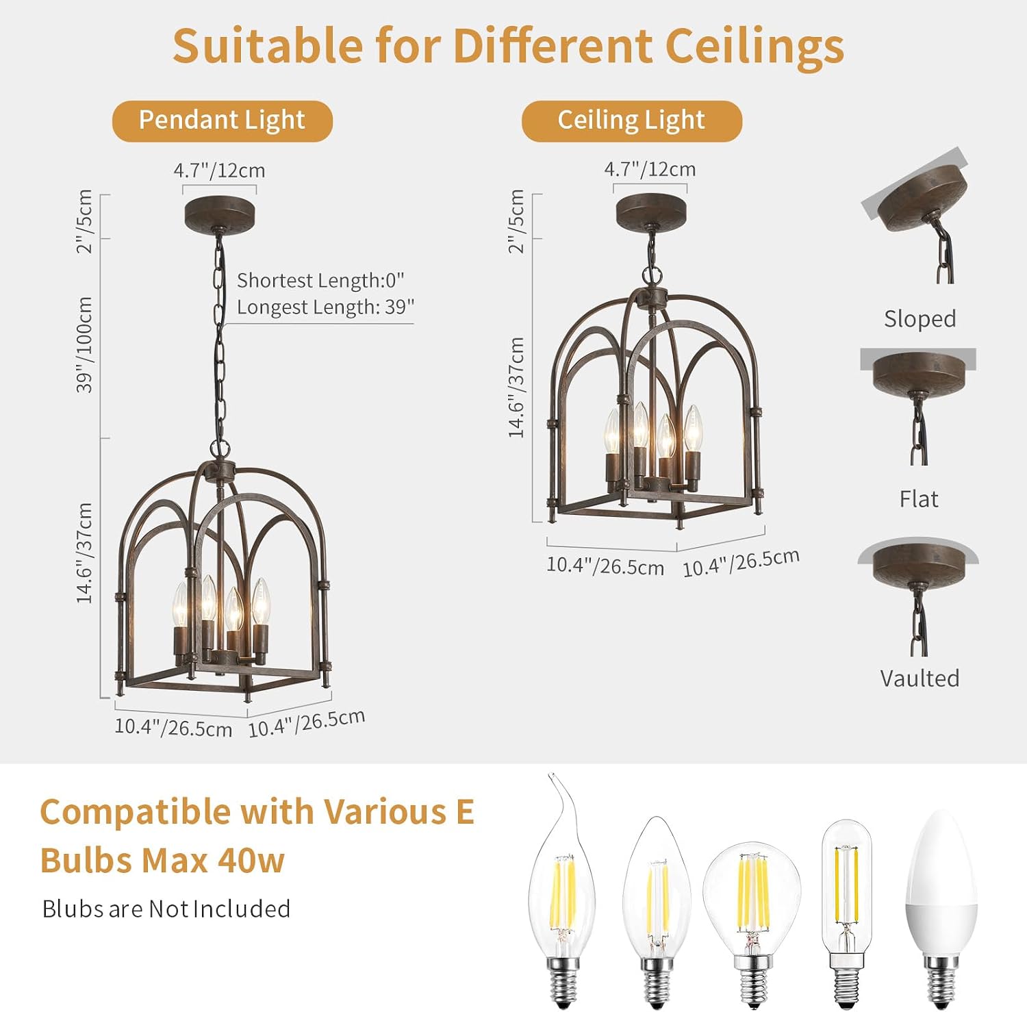 4-Light Chandeliers, Farmhouse Chandelier for Dining Room Light Fixtures, Lantern Metal Kitchen Pendant Light Fixtures, Rustic Cage Chandelier for Bedroom Living Room Kitchen Island Hallway