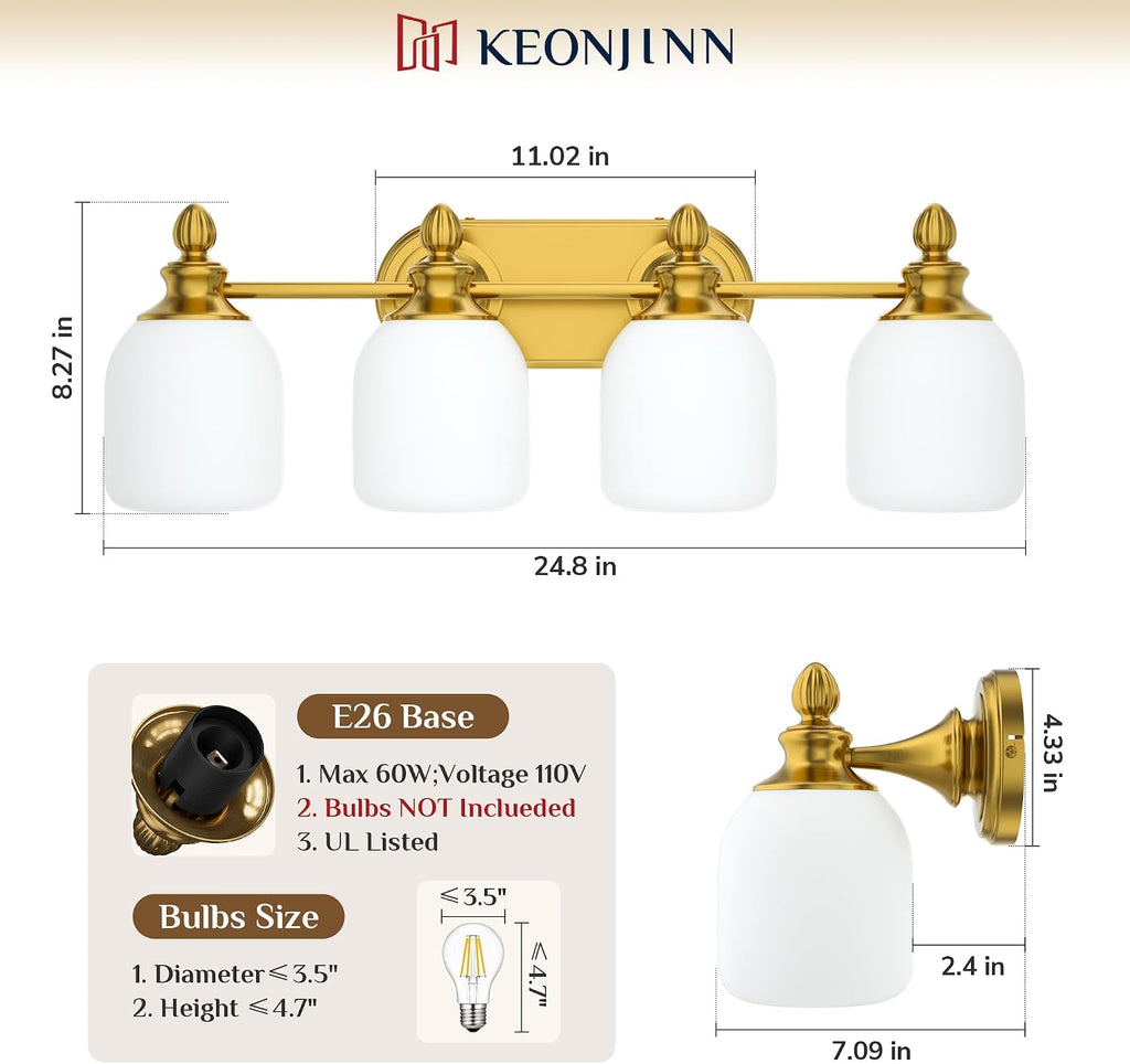 Keonjinn Gold Bathroom Light Fixtures, 4-Light Vintage Vanity Lights for Mirror with Frosted Glass Shades, UL Listed E26 Base(Bulbs Not Included), Reversible Vanity Lighting Fixtures for Bathroom