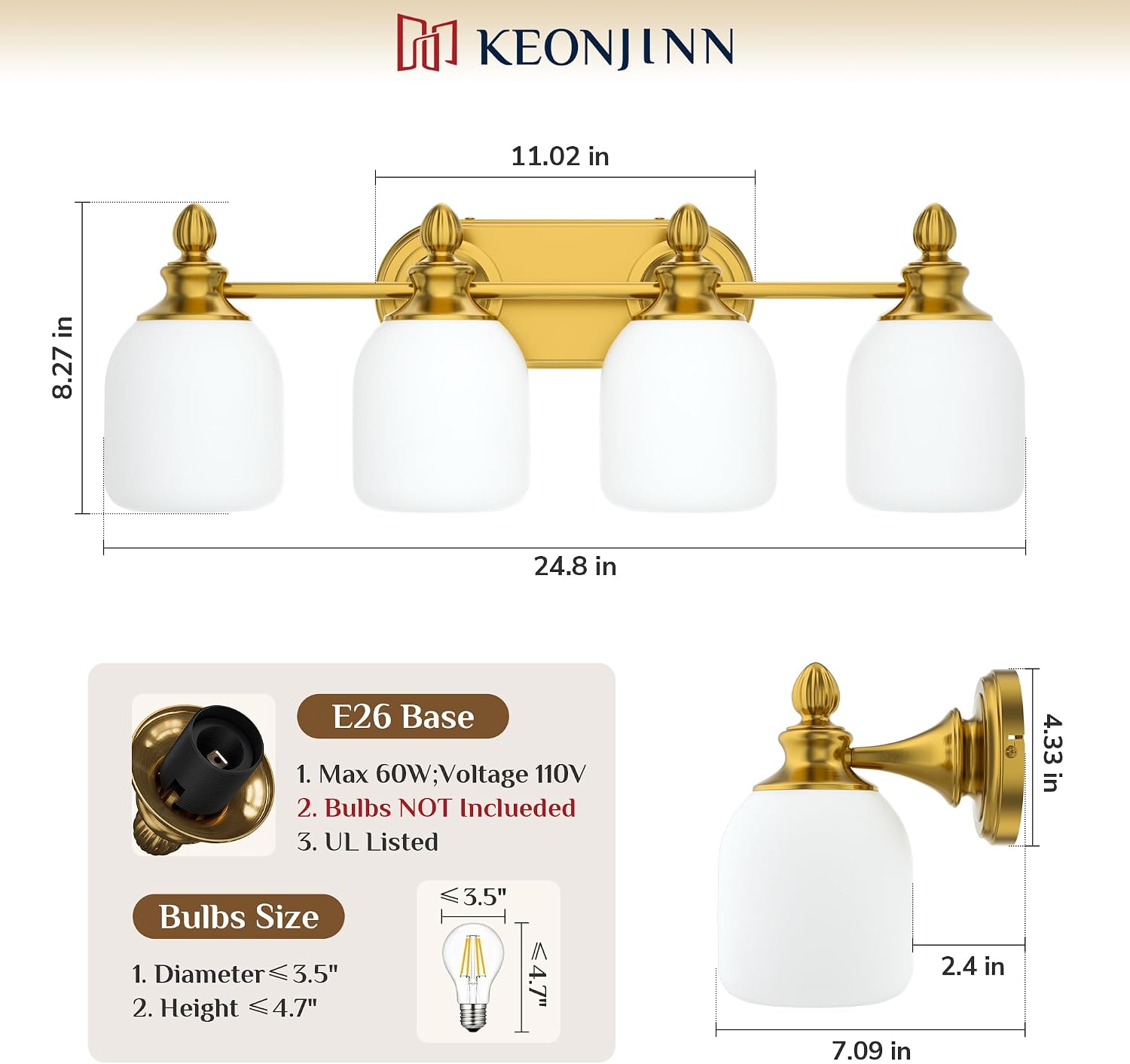 Keonjinn Gold Bathroom Light Fixtures, 4-Light Vintage Vanity Lights for Mirror with Frosted Glass Shades, UL Listed E26 Base(Bulbs Not Included), Reversible Vanity Lighting Fixtures for Bathroom
