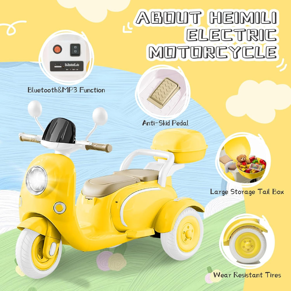 HEIMILI 12V 2-Seater Ride on Motorcycle for Kids, 3 Wheel Electric Motorbike with Dual 25W Motors, Toddler Moped Scooter with Bluetooth Music, Battery Powered Toy for Girls Boys 3-6 Years, Yellow
