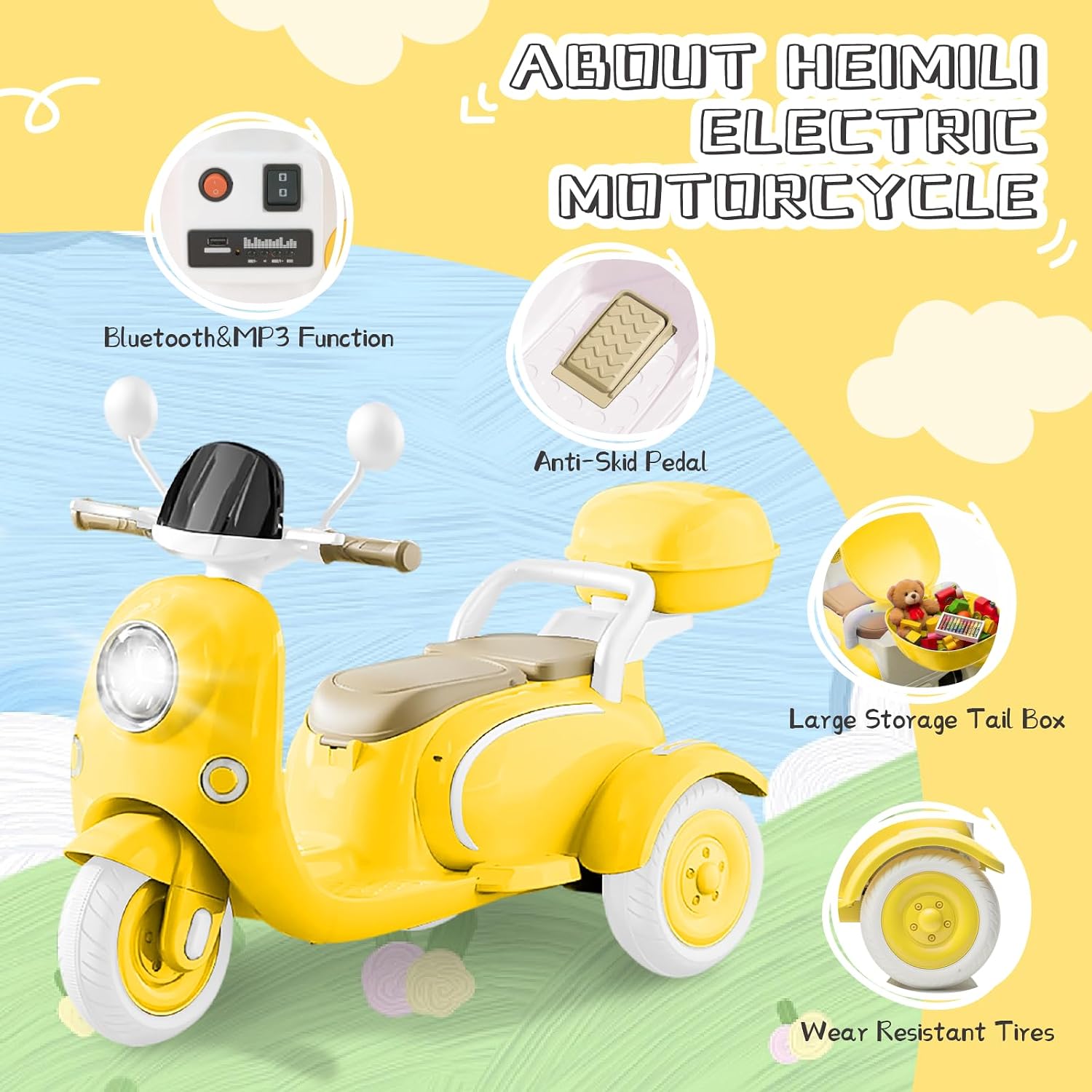 HEIMILI 12V 2-Seater Ride on Motorcycle for Kids, 3 Wheel Electric Motorbike with Dual 25W Motors, Toddler Moped Scooter with Bluetooth Music, Battery Powered Toy for Girls Boys 3-6 Years, Yellow