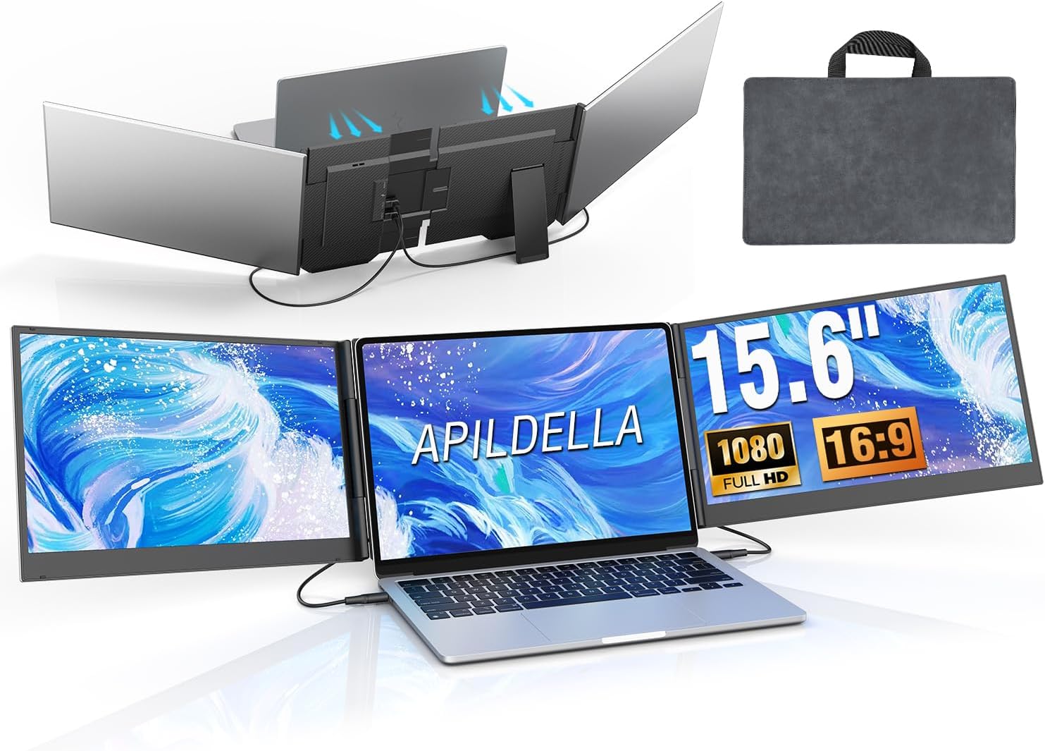 APILDELLA 15.6'' Triple Laptop Screen Extender, 1080P FHD Portable Dual Monitor for Laptop USB C HDMI, Plug-Play Monitor Extender for Triple Display for Mac/Windows, Fit 13'-17.3' Laptops
