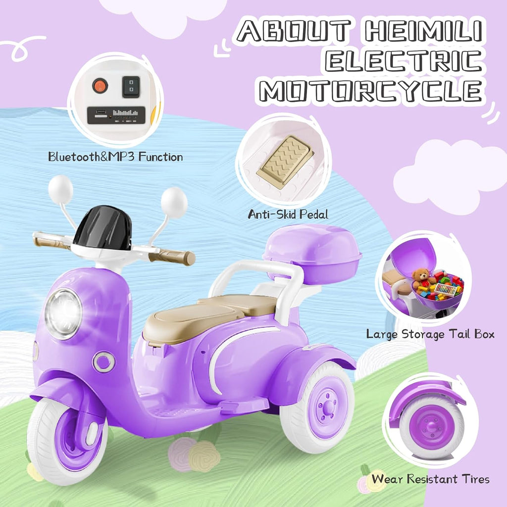 HEIMILI 12V 2-Seater Ride on Motorcycle for Kids, 3 Wheel Electric Motorbike with Dual 25W Motors, Toddler Moped Scooter with Bluetooth Music, Battery Powered Toy for Girls Boys 3-6 Years, Purple