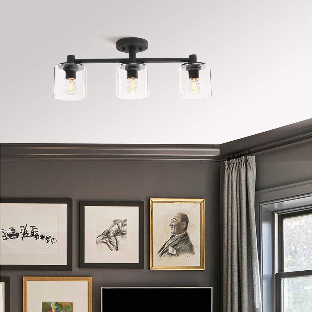 Pathson 3-Light Semi Flush Mount Ceiling Light, Industrial Pendant Lighting Fixture with Glass Shade, Ceiling Chandelier Lamp for Hallway Loft Kitchen Bar