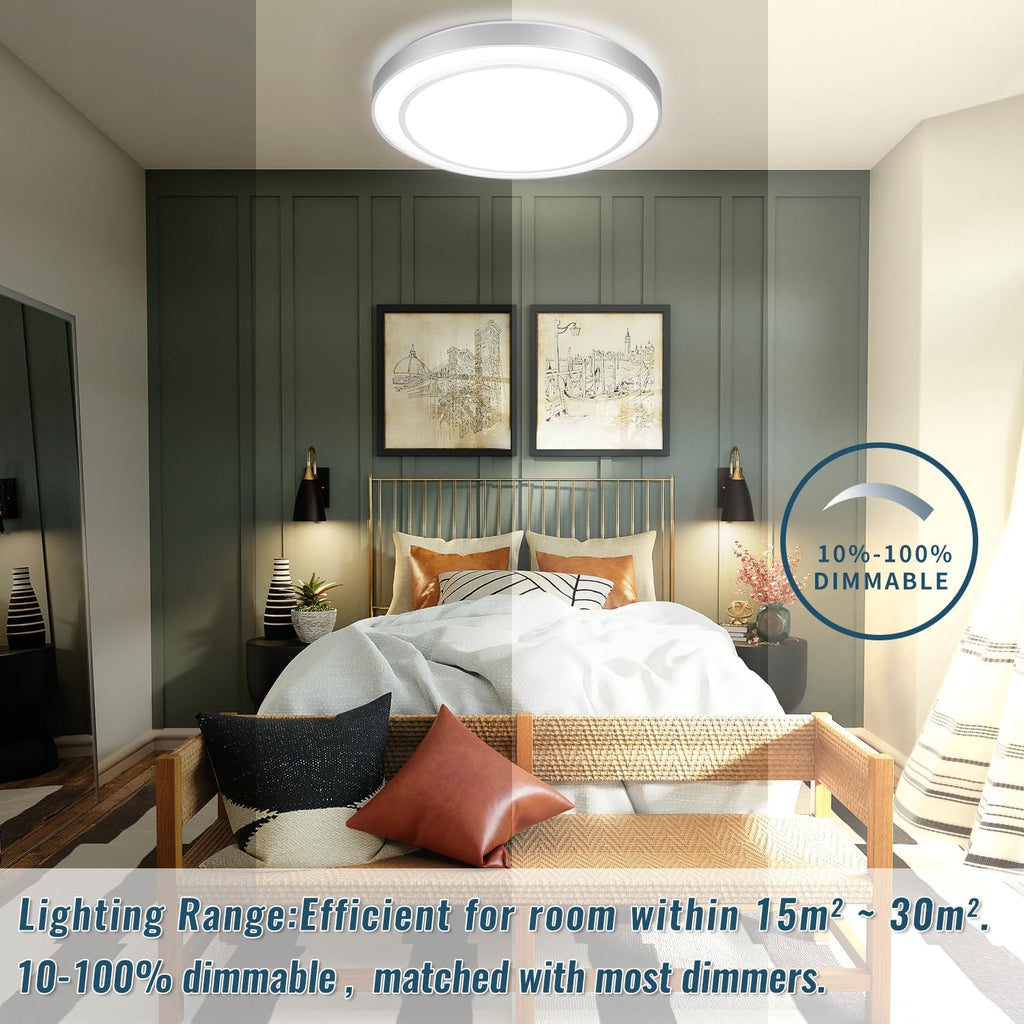 20' Flush Mount Ceiling Light Fixture 5CCT 2 Pack,Sliver Dimmable Light Fixture LED Ceiling Mount Round 36W, Modern Close to Ceiling Light for Living Room, Foyer, Kitchen, Bedroom