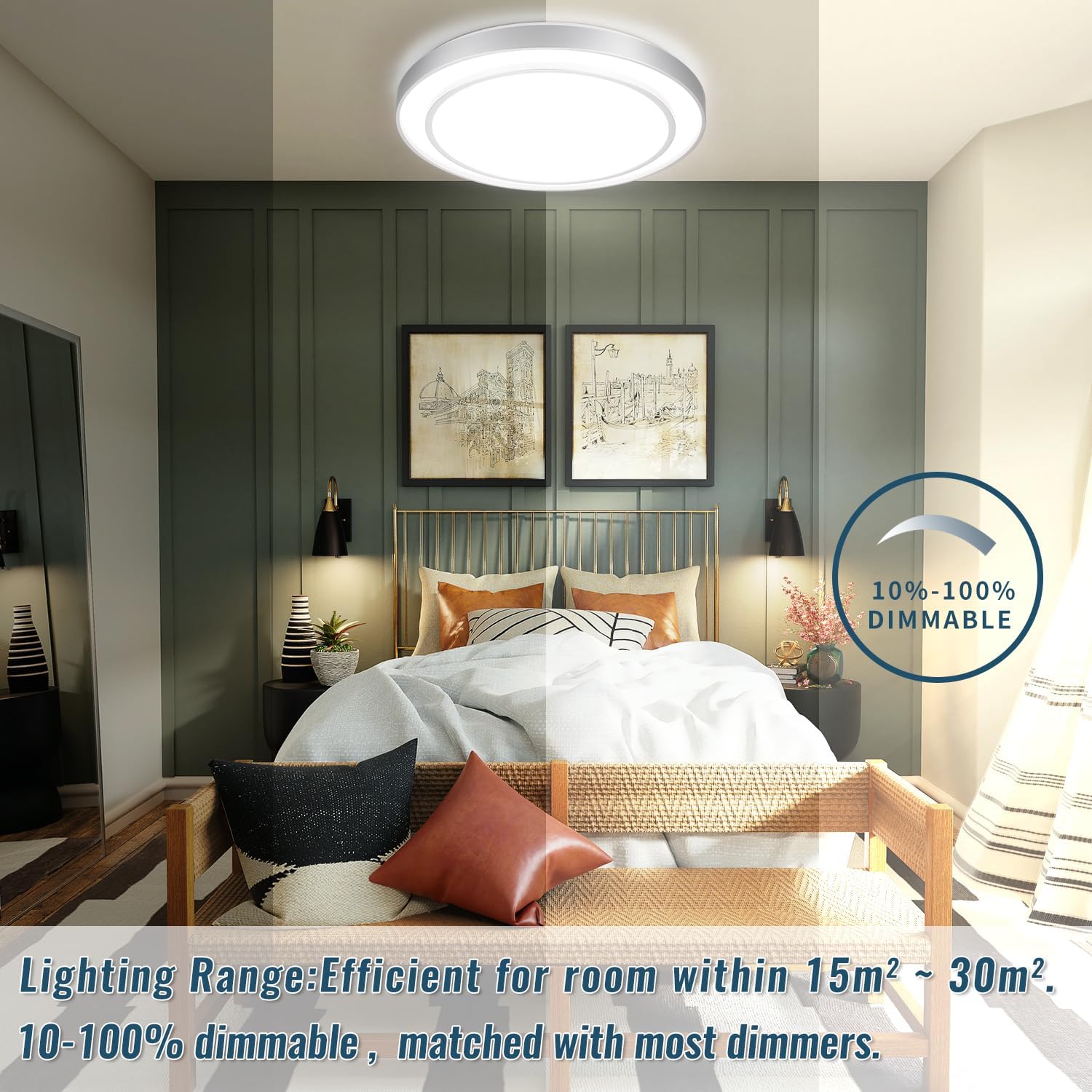 20' Flush Mount Ceiling Light Fixture 5CCT 2 Pack,Sliver Dimmable Light Fixture LED Ceiling Mount Round 36W, Modern Close to Ceiling Light for Living Room, Foyer, Kitchen, Bedroom