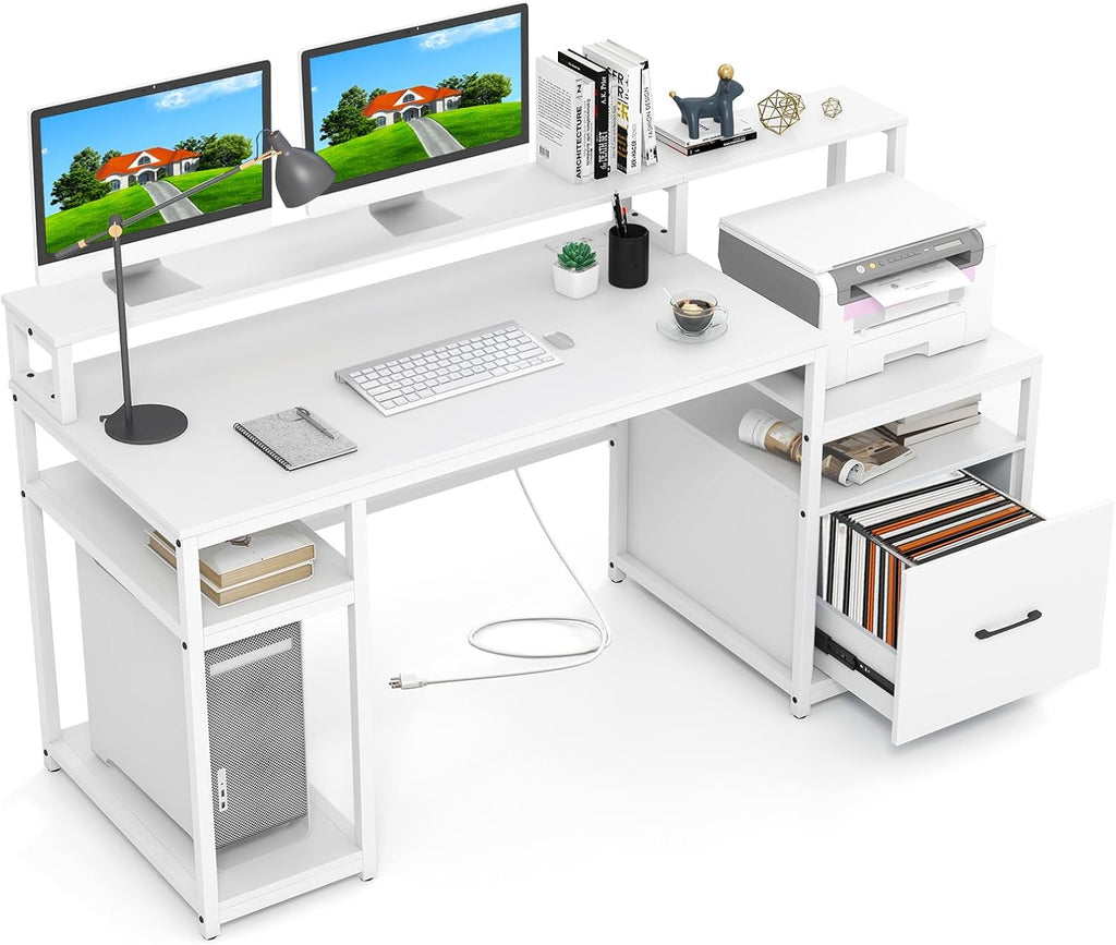 COSTWAY 66-inch Computer Desk with Power Outlet, Office Desk with Monitor Stand, Printer Shelf, File Drawer, CPU Stand, Modern Home Office Desk Computer Workstation, White