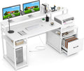 COSTWAY 66-inch Computer Desk with Power Outlet, Office Desk with Monitor Stand, Printer Shelf, File Drawer, CPU Stand, Modern Home Office Desk Computer Workstation, White