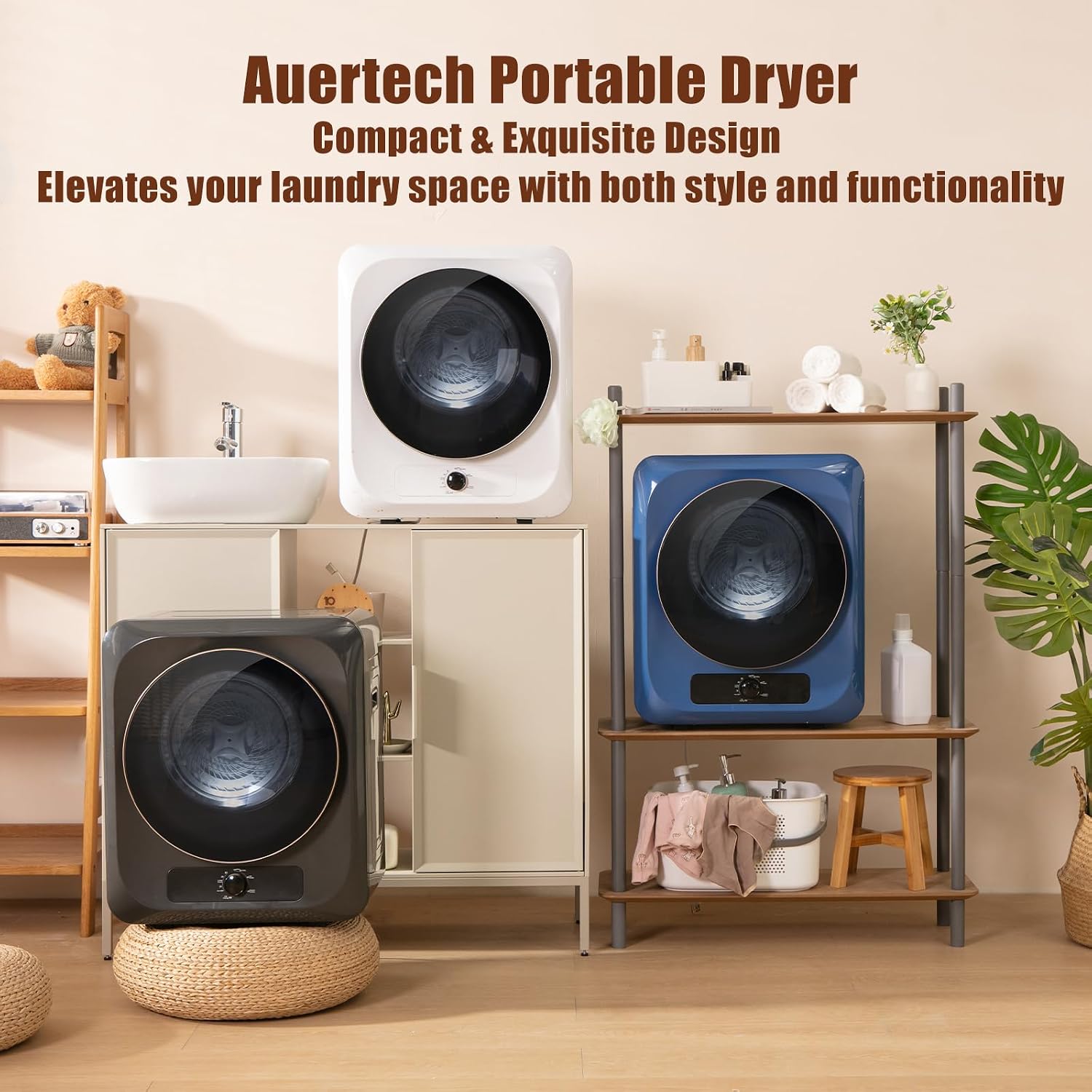 Auertech 1.5 Cu.Ft Portable Clothes Dryer, 850 W Front Load Electric Dryer Machine with Stainless Steel Drum, Simple Control Knob, Compact Tumble Dryer for Laundry Apartment, Dorm, RV, Blue
