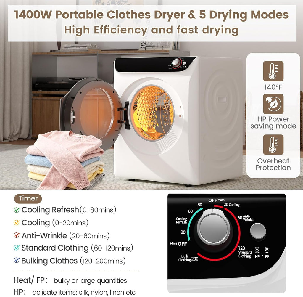 VCJ 2.6 cu.ft Portable Dryer, 1400W Electric Clothes Dryer with 5 Drying Modes & Stainless Steel Tub, Front Load Compact Dryer for Home, Apartment, Dorms