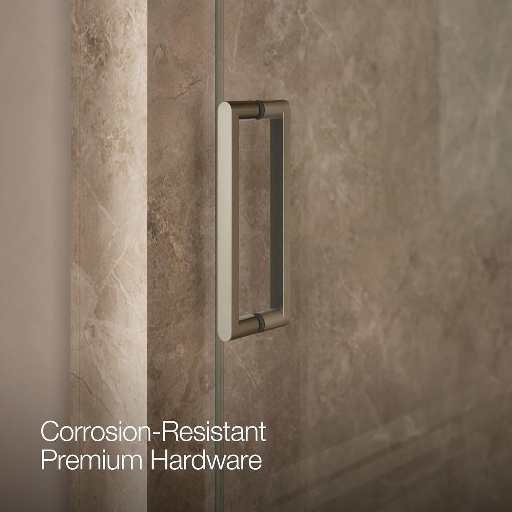 KOHLER pivot shower door, 74'H x 35-1/8-40'W, with 5/16' thick Crystal Clear glass