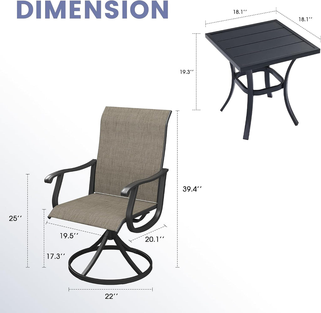 VICLLAX 3 Pieces Small Outdoor Furniture, 2 Patio Swivel Chairs and Small Square Outdoor Table for 2, Mixed Brown Chairs & Black