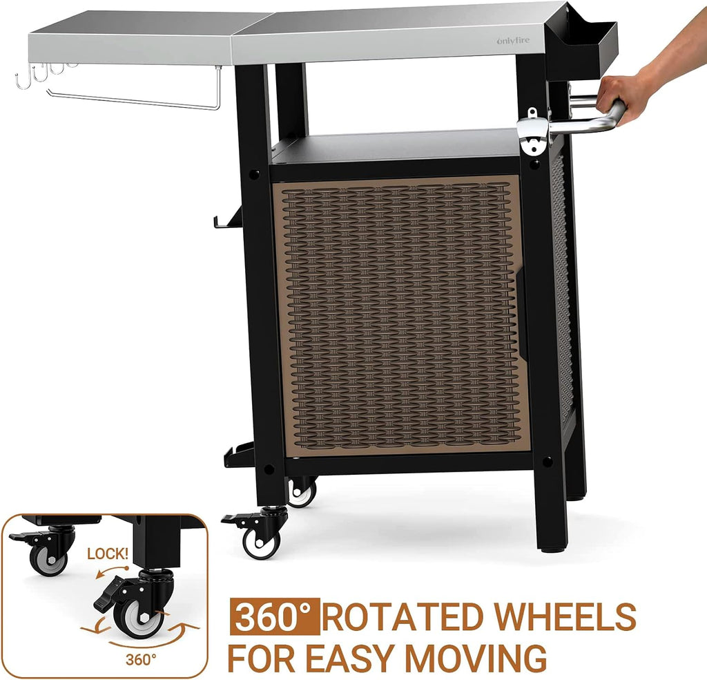 onlyfire 35 Inch Rolling Kitchen Island with XL Stainless Steel Top & Rattan Cabinet, Heavy-Duty BBQ Serving Cart for Indoor/Outdoor, Single Door Storage Worktable with Side Shelf & Wheels