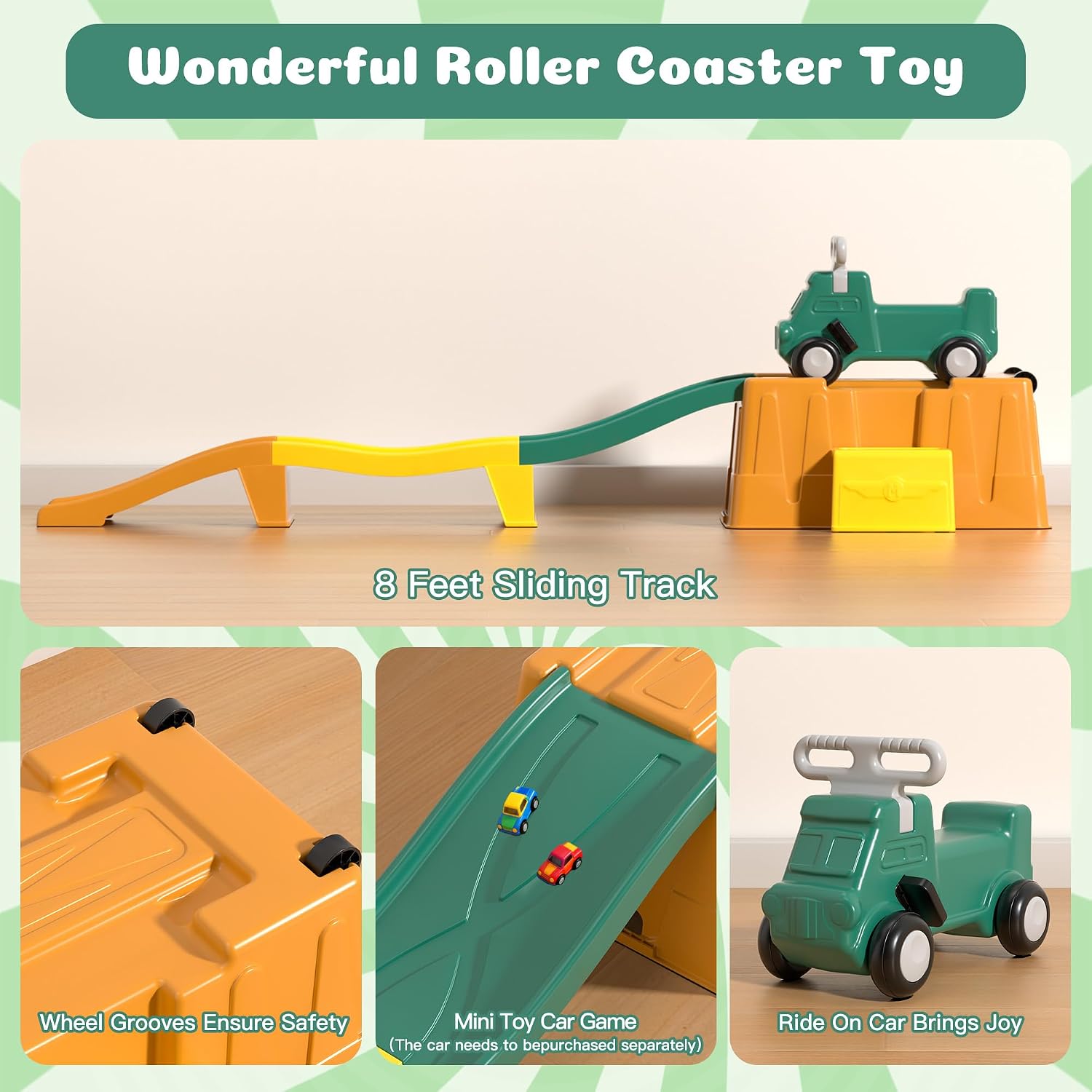 Up & Down Roller Coaster，Kids Ride On Toy，Toddler Push Car with Assembled Race Track & Storage Base Box, Indoor Outdoor Playset